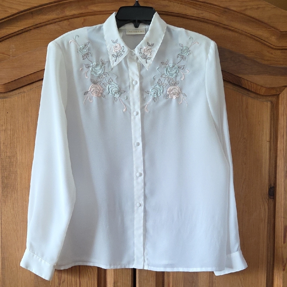 Women's Vtg Size 14 White Sheer Long Sleeve Blouse Pink Blue Embroidery Flowers